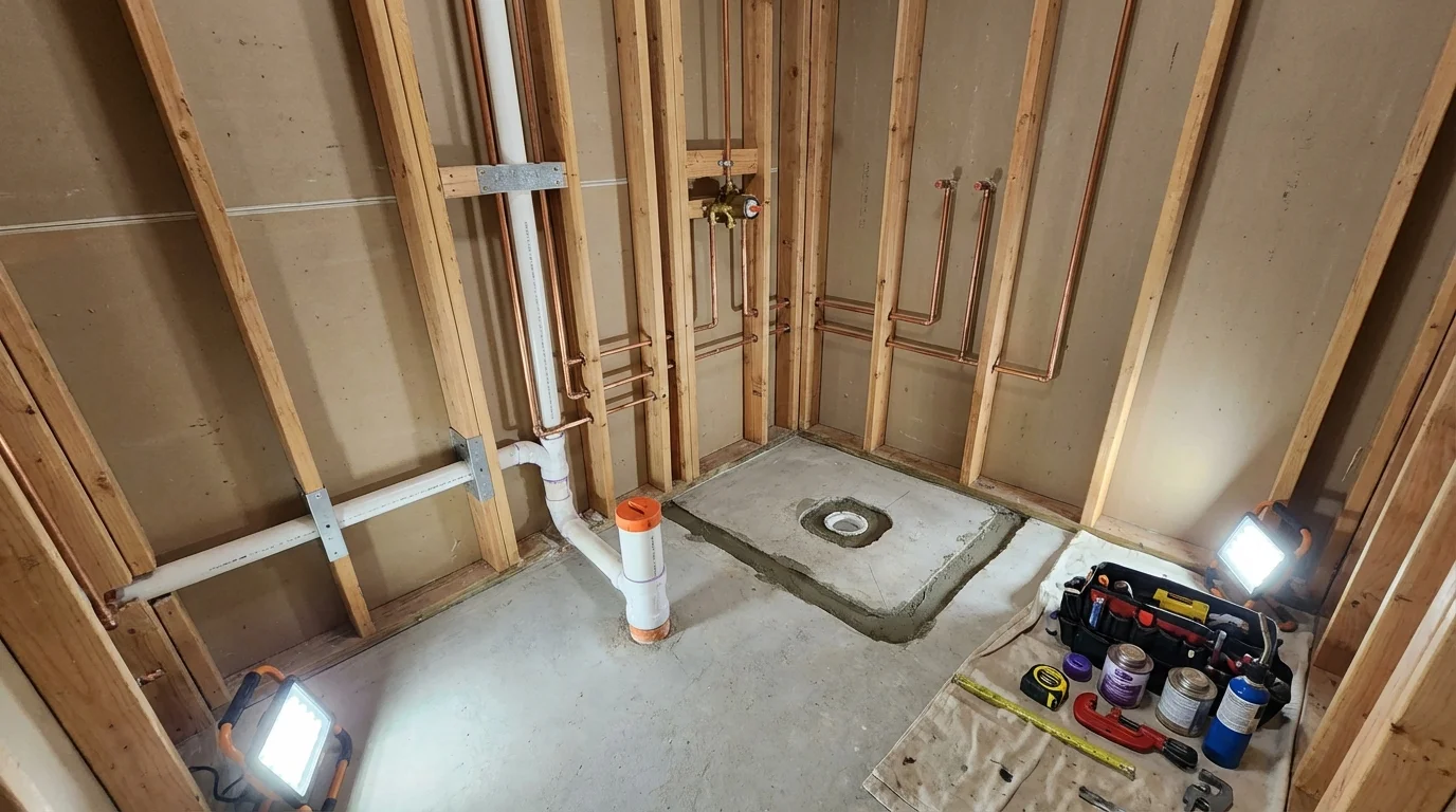 Bathroom rough-in plumbing during remodel by Johns Plumbing LLC in Holtville