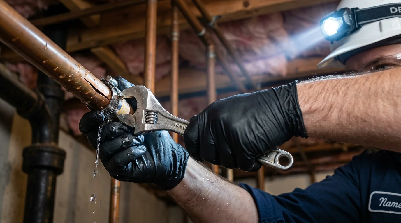 Emergency pipe clamp repair being performed by a Johns Plumbing LLC plumber in Holtville