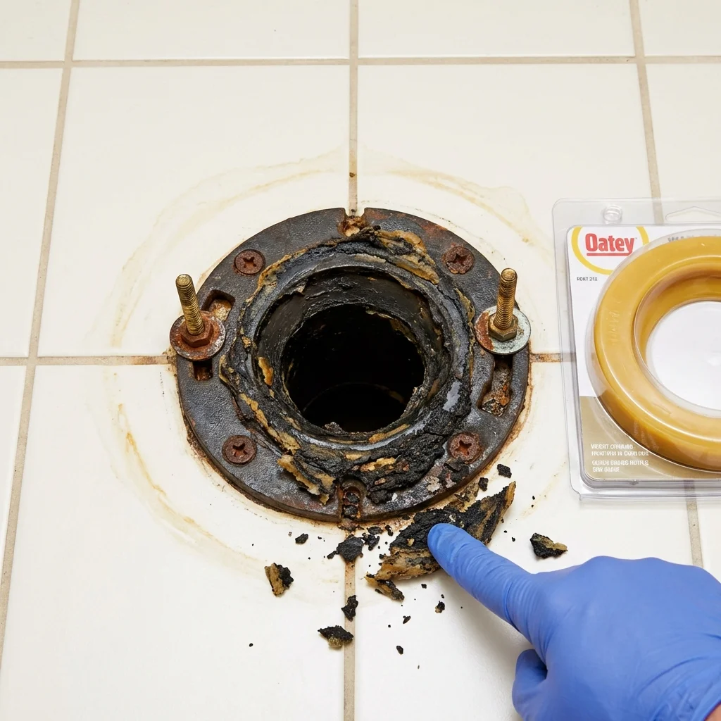 Failed wax ring showing water seepage at the base of a toilet in a Holtville, CA home