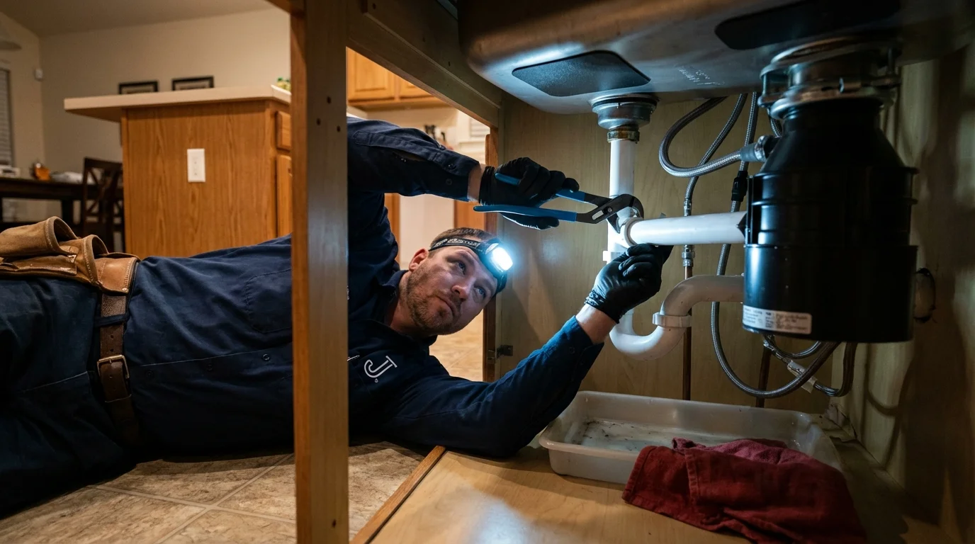 P-trap and supply line connections under a kitchen sink showing a common leak point in Holtville, CA